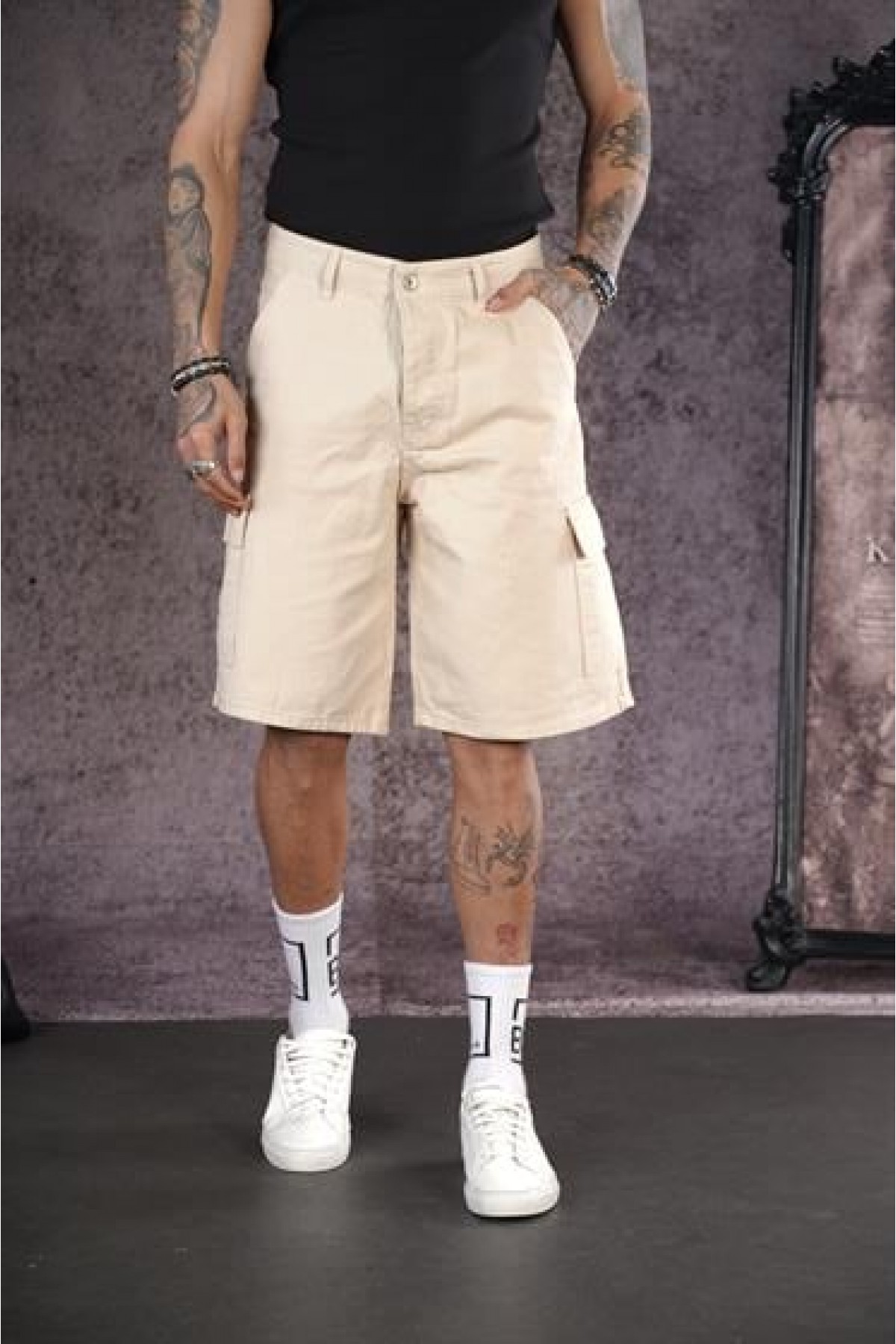 Yüksek Bel Kargo Cepli Erkek Kot Kapri Şort 29