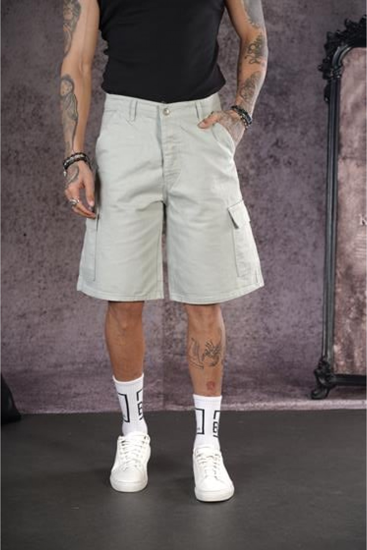 Yüksek Bel Kargo Cepli Erkek Kot Kapri Şort 29