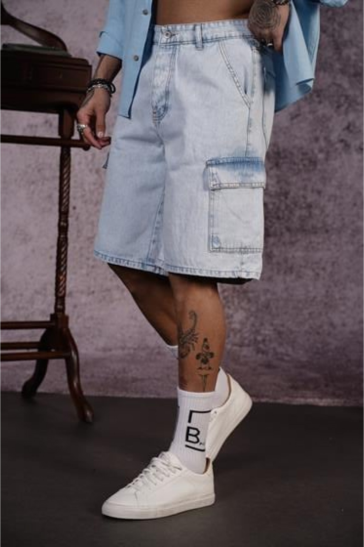 Yüksek Bel Kargo Cepli Erkek Kot Kapri Şort 29