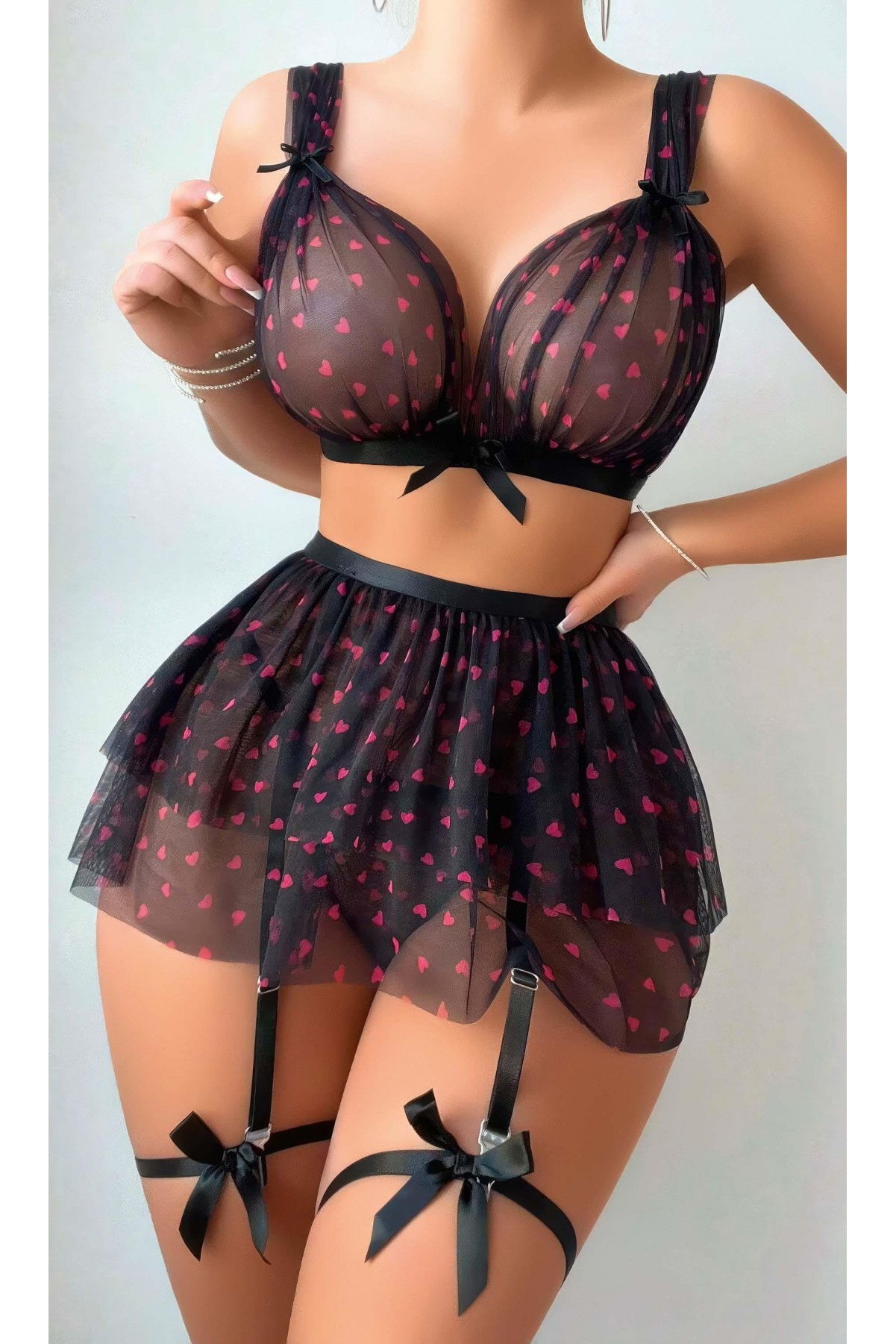 Siyah Fantezi Kostüm Takımı Kırmızı Kalpli 3829 SİYAH