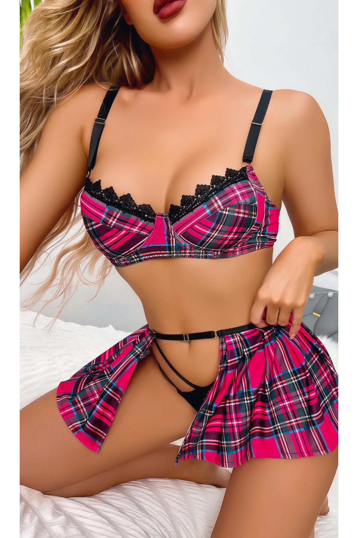 Fuşya Ekose Etekli Fantazi Kadın Kostüm 3821 S/M