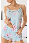 Kadın Bebek Mavisi Çiçek Desenli Askılı Şortlu Pijama Takım 5011 S/M