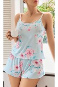 Kadın Bebek Mavisi Çiçek Desenli Askılı Şortlu Pijama Takım 5011 S/M