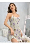 Kadın Beyaz Çiçekli Desenli Askılı Gecelik 5109 S/M