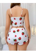 Kadın Beyaz Çilek desenli Şortlu Pijama Takımı 5053 S/M