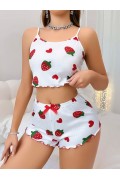 Kadın Beyaz Çilek desenli Şortlu Pijama Takımı 5053 S/M