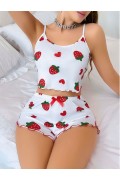 Kadın Beyaz Çilek desenli Şortlu Pijama Takımı 5053 S/M
