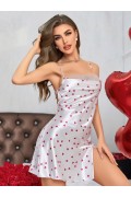 Kadın Beyaz Fuşya Kalp Desenli saten Gecelik 2219 S/M