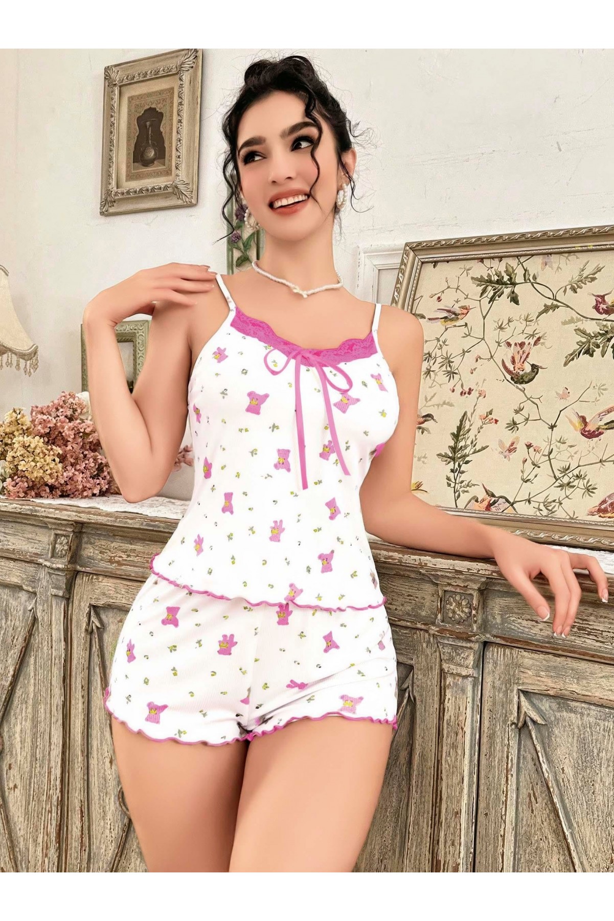 Kadın Ayıcık ve Çiçek Desenli Şortlu Gecelik Takım 5113 S/M
