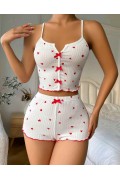 Kadın Beyaz Kalpli Askılı Şortlu Pijama Takım 6655 L/XL