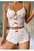 Kadın Beyaz Kalpli Askılı Şortlu Pijama Takım 6655 L/XL