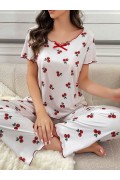 Kadın Beyaz Kiraz Desenli Kısa Kollu Yumuşak Pijama Takımı 5128 L/XL