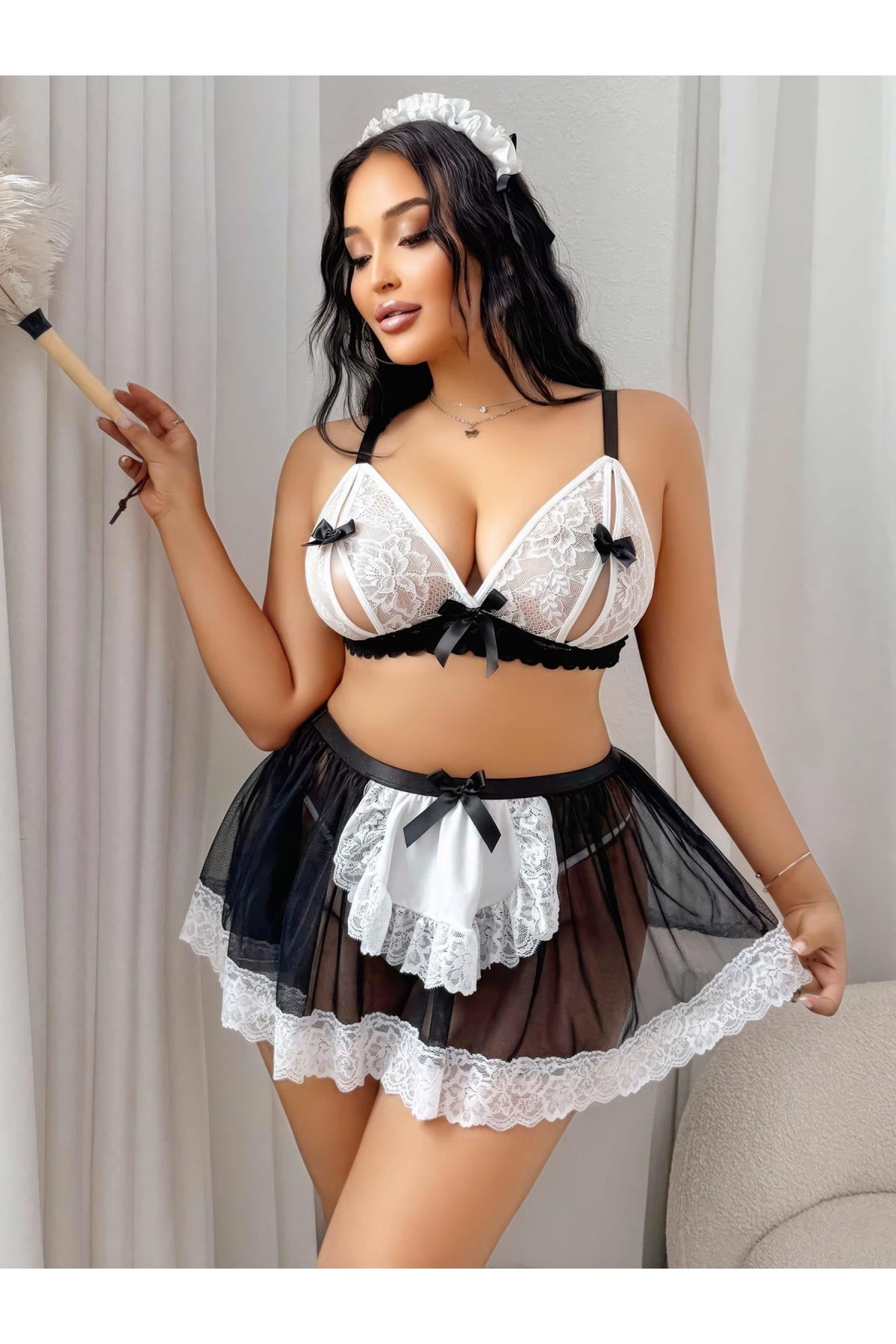 Kadın Büyük Beden  Seksi Hizmetçi Kostüm Fantezi Transparan Tül Fantezi Erotik 8006 SİYAH