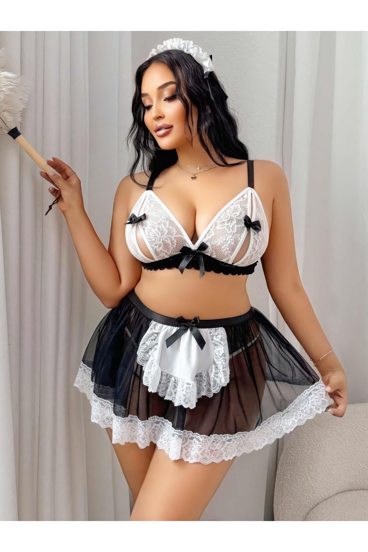 Kadın Büyük Beden  Seksi Hizmetçi Kostüm Fantezi Transparan Tül Fantezi Erotik 8006 SİYAH