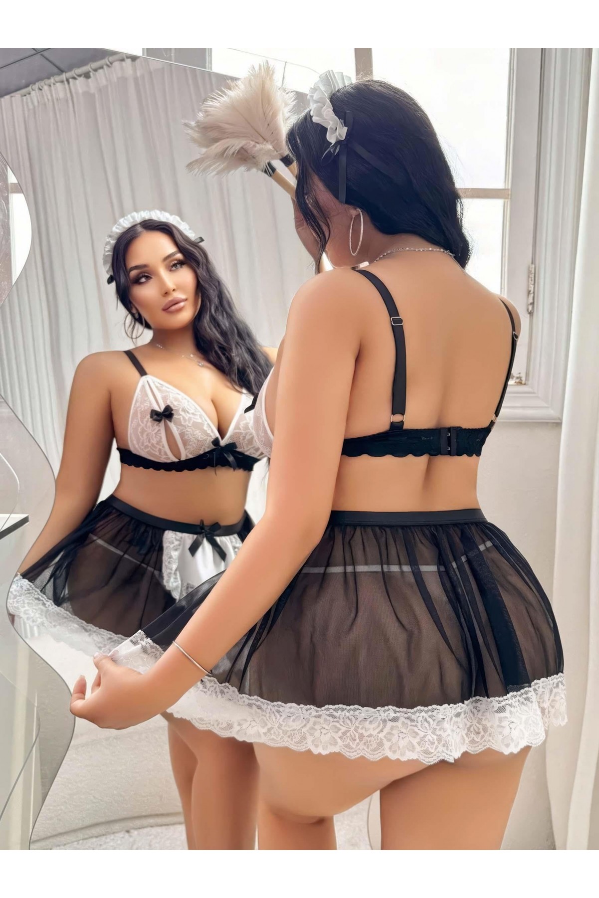 Kadın Büyük Beden  Seksi Hizmetçi Kostüm Fantezi Transparan Tül Fantezi Erotik 8006 SİYAH