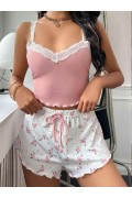 Kadın Çiçek Desenli Dantel Askılı Şortlu Pijama Takımı 5200 Pembe