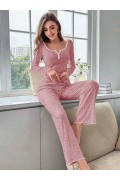 Kadın Çiçek Desenli Yumuşak Pamuklu Uzun Pijama Takımı 5132 Pembe