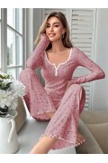 Kadın Çiçek Desenli Yumuşak Pamuklu Uzun Pijama Takımı 5132 Pembe