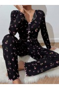 Kadın Çiçek ve Fiyonk Desenli Yumuşak Pamuklu Uzun Pijama Takımı 5134 SİYAH