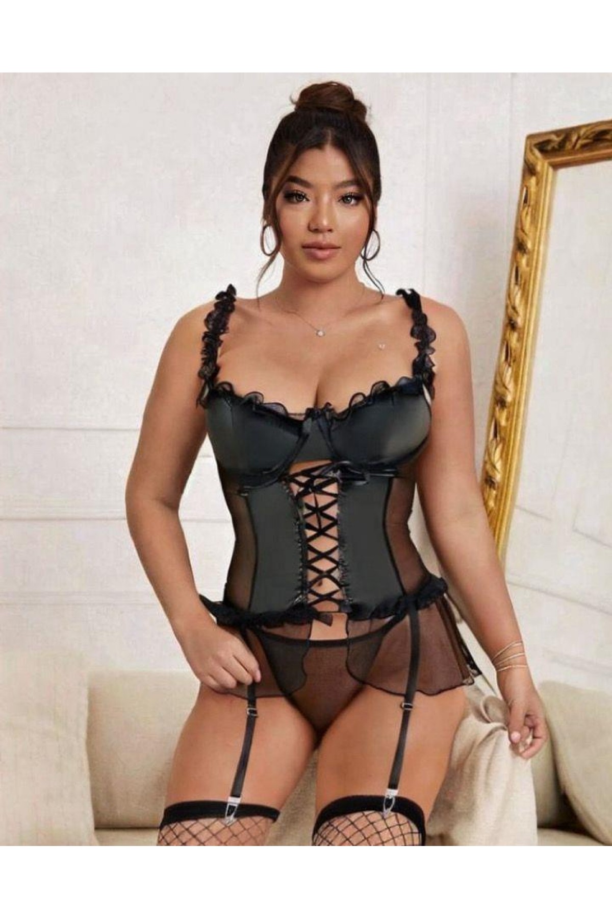 Kadın Siyah Lame Deri Fantezi Kostüm Elbise Seksi Gece Fantezi Kostüm 9002 SİYAH