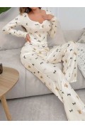 Kadın Ekru Ayıcık ve Fiyonk Desenli Yumuşak Pamuklu Uzun Pijama Takımı 5129 L/XL