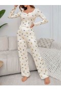 Kadın Ekru Ayıcık ve Fiyonk Desenli Yumuşak Pamuklu Uzun Pijama Takımı 5129 L/XL