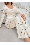 Kadın Ekru Ayıcık ve Fiyonk Desenli Yumuşak Pamuklu Uzun Pijama Takımı 5129 L/XL