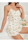 Kadın Ekru Çiçek Baskılı Şortlu Gecelik Pijama Takımı 5047 S/M
