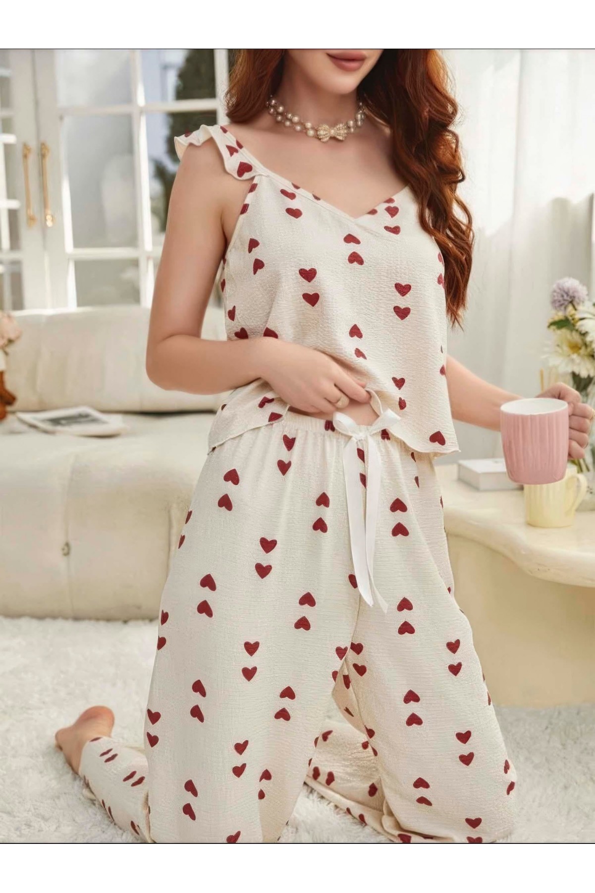 Kadın Ekru Kırmızı Kalp Desenli Yumuşak Pamuklu Uzun Pijama Takımı 5136 L/XL
