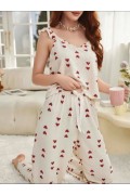 Kadın Ekru Kırmızı Kalp Desenli Yumuşak Pamuklu Uzun Pijama Takımı 5136 L/XL