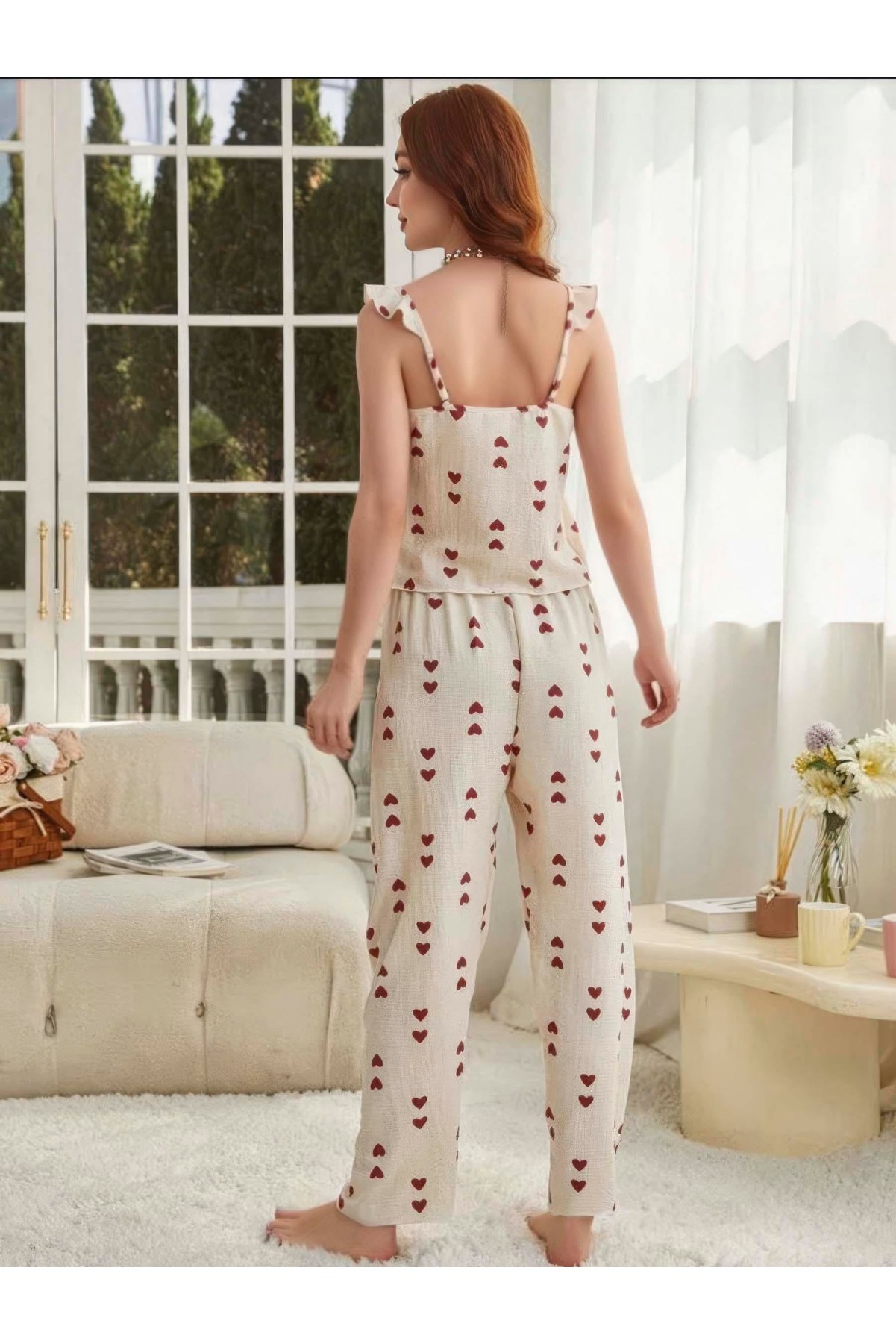 Kadın Ekru Kırmızı Kalp Desenli Yumuşak Pamuklu Uzun Pijama Takımı 5136 L/XL