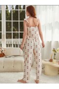 Kadın Ekru Kırmızı Kalp Desenli Yumuşak Pamuklu Uzun Pijama Takımı 5136 L/XL