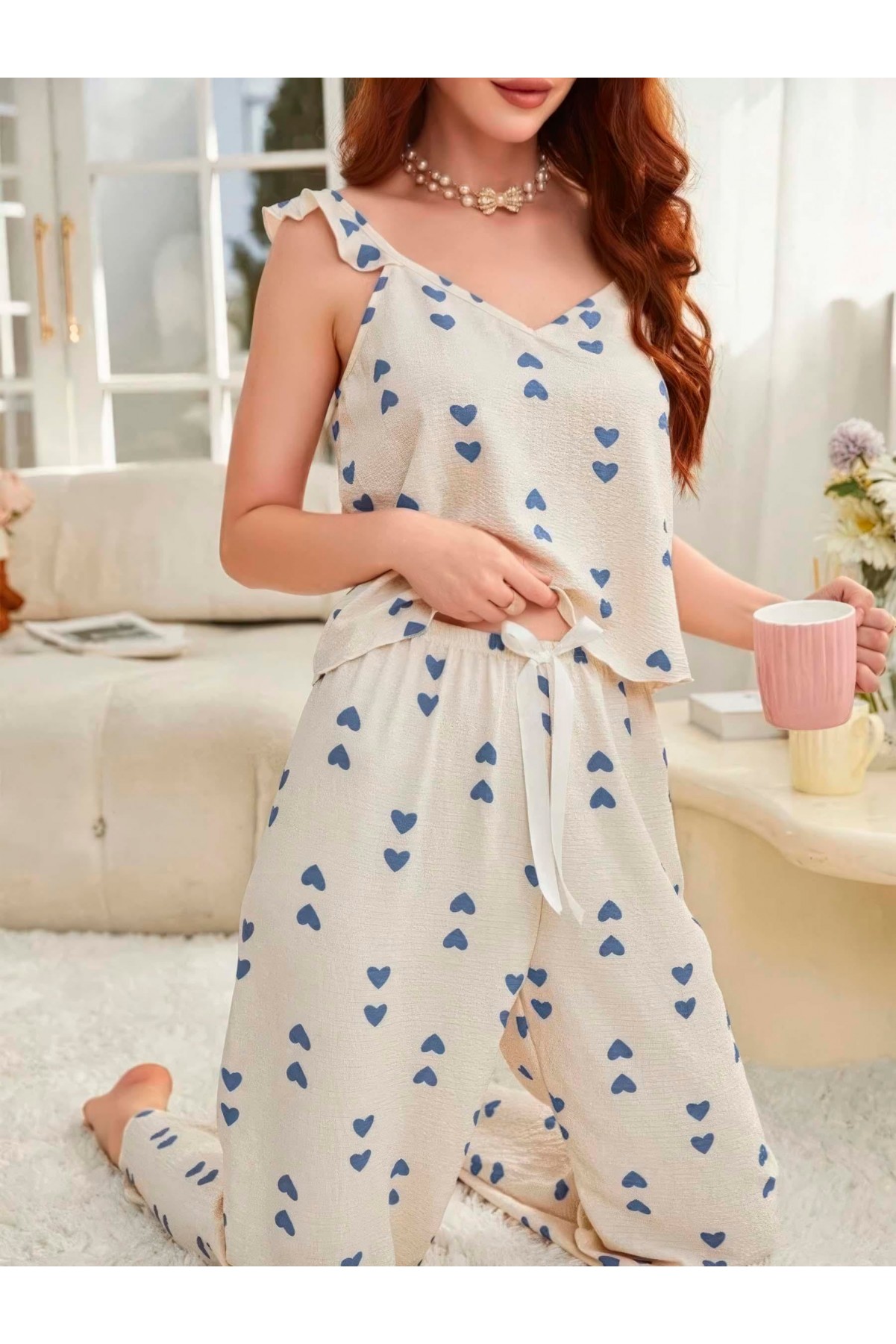 Kadın Ekru Mavi Kalp Desenli Yumuşak Pamuklu Uzun Pijama Takımı 5137 L/XL
