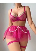 Kadın Fuşya İnci Detaylı Tül Etekli Seksi Fantezi Kostüm 2189 S/M