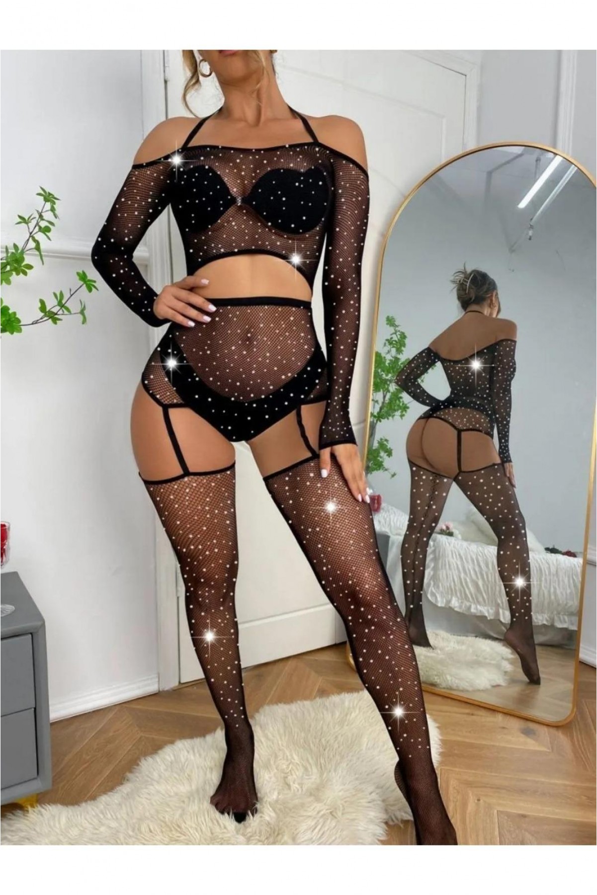 Kadın Göğüs Dekolteli Taşlı Jartiyer BodySuit Siyah Vucut Çorabı 1004 SİYAH
