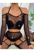 Kadın Göğüs Dekolteli Taşlı Jartiyer BodySuit Siyah Vucut Çorabı 1004 SİYAH