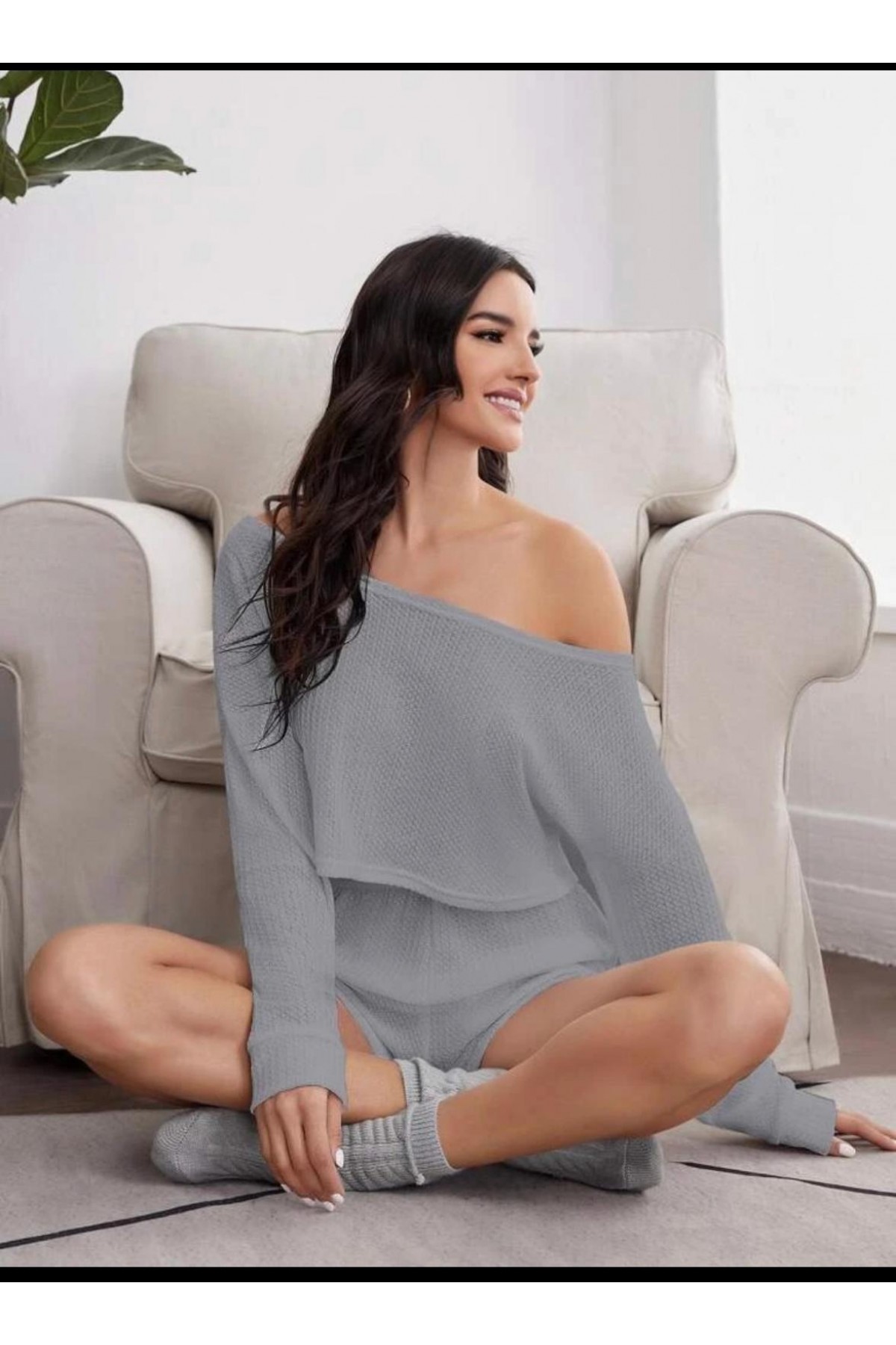 Kadın Gri Düz Desen Seksi Gecelik Takım 6661 S/M