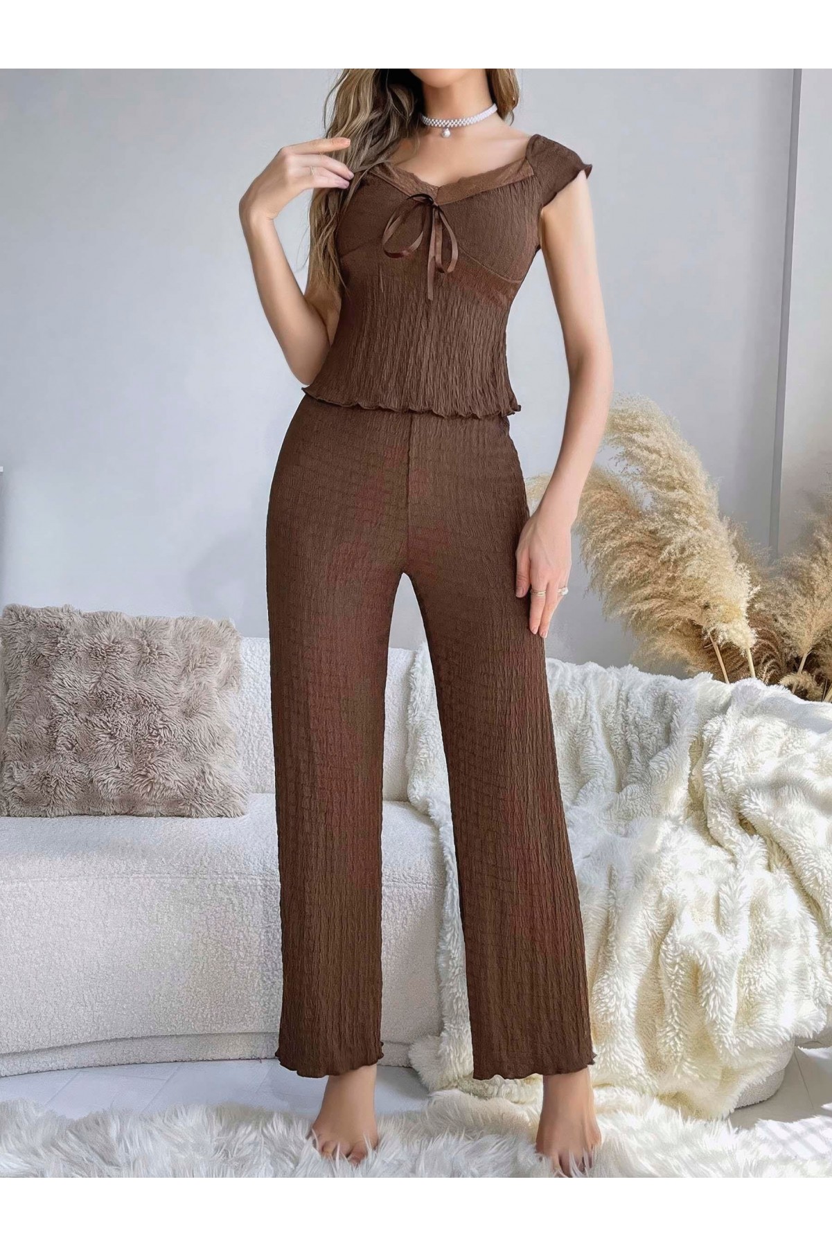 Kadın Kahverengi Kurdela Detaylı Yumuşak Pamuklu Uzun Pijama Takımı 5135 L/XL