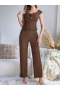 Kadın Kahverengi Kurdela Detaylı Yumuşak Pamuklu Uzun Pijama Takımı 5135 L/XL