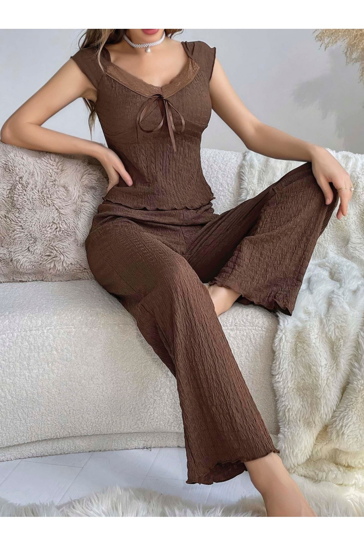 Kadın Kahverengi Kurdela Detaylı Yumuşak Pamuklu Uzun Pijama Takımı 5135 L/XL