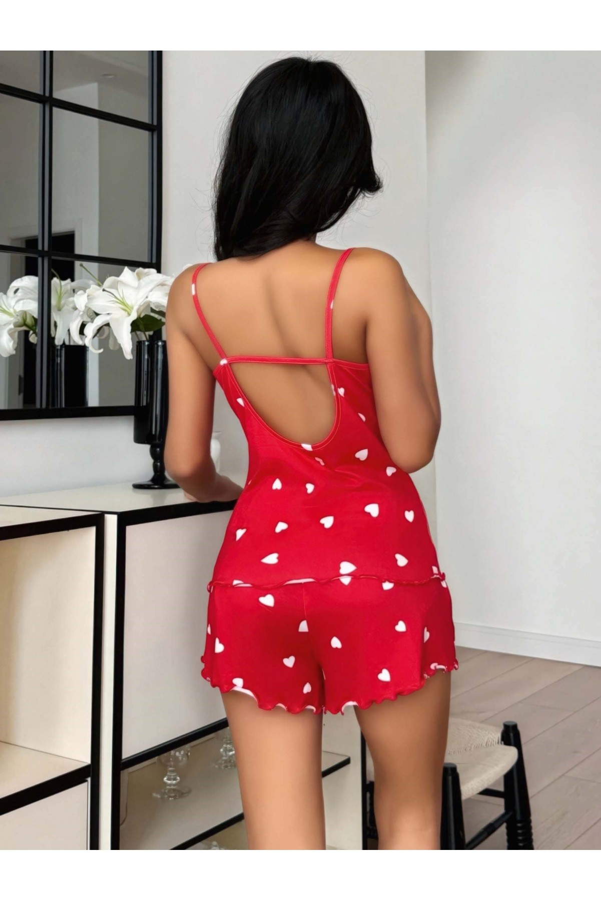 Kadın Kalp Desenli Şortlu Pijama Takım 5178 S/M