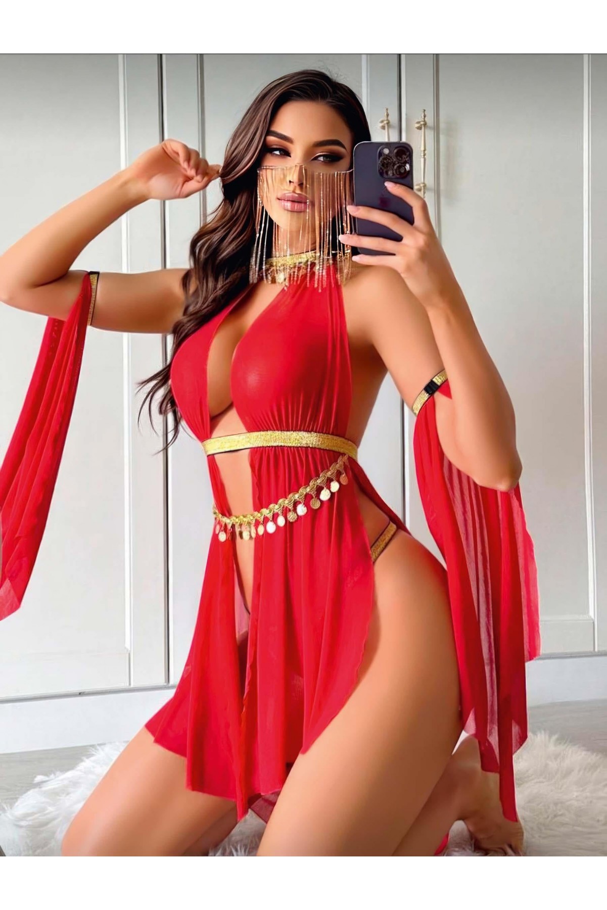 Kadın Kırmızı Dansöz Elbisesi Fantezi Kostüm 2266 S/M