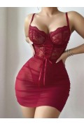 Kadın Kırmızı Fantezi Gecelik Tül Dantel Fiyonk Detaylı Askılı 2209 S/M