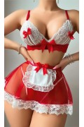 Kadın Kırmızı Fiyonklu Etekli Seksi Hizmetçi Kostümü 2125 S/M