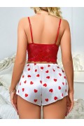 Kadın Kırmızı Kalp Desenli Şort Askılı Dantel Üst Pijama Takımı 2218 S/M