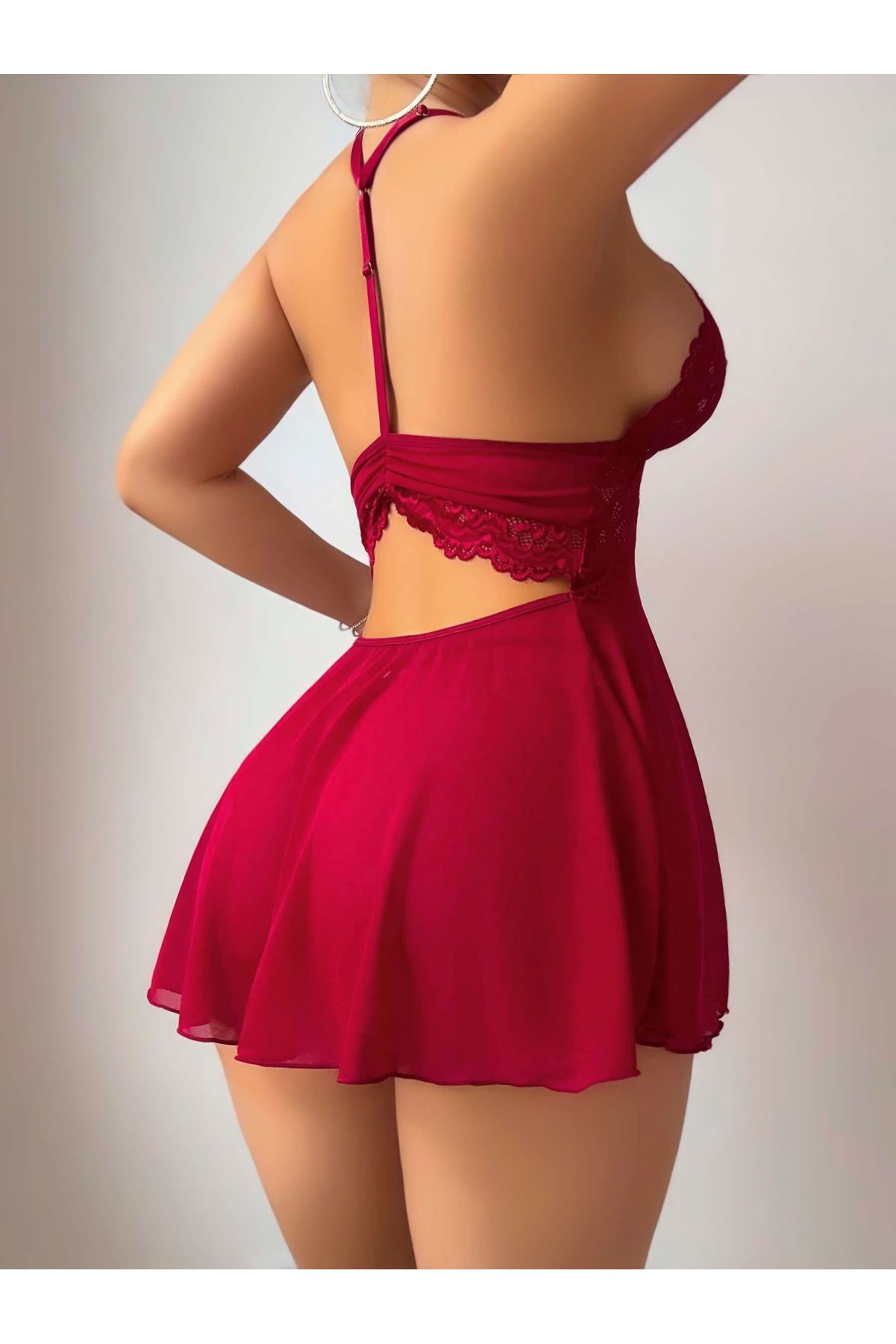 Kadın Kırmızı Sırtı Açık Transparan Fantezi Gecelik 2281 S/M