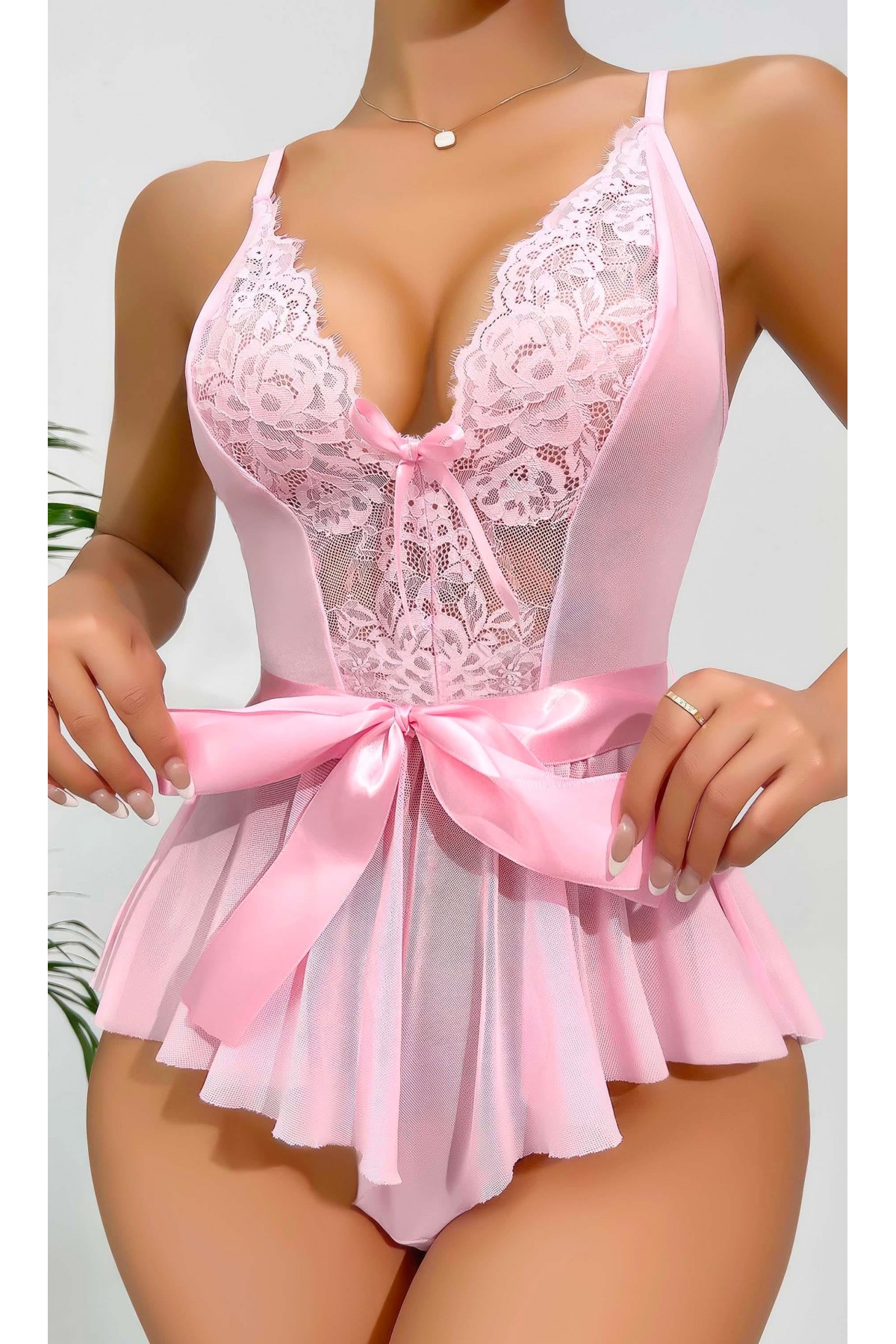 Kadın  Kontrast Dantel Kemerli Teddy Body Gecelik 2118 S/M