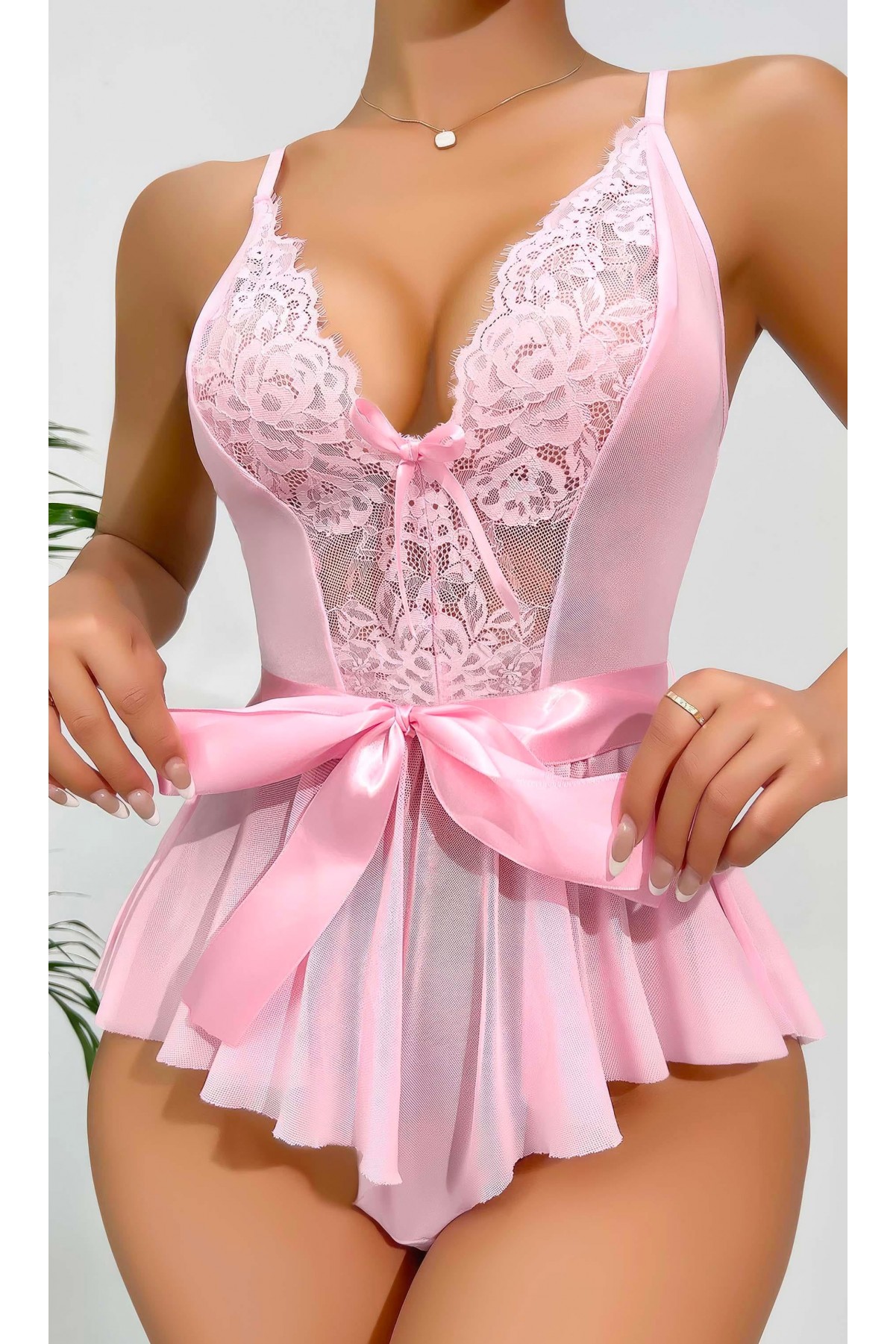 Kadın  Kontrast Dantel Kemerli Teddy Body Gecelik 2118 S/M