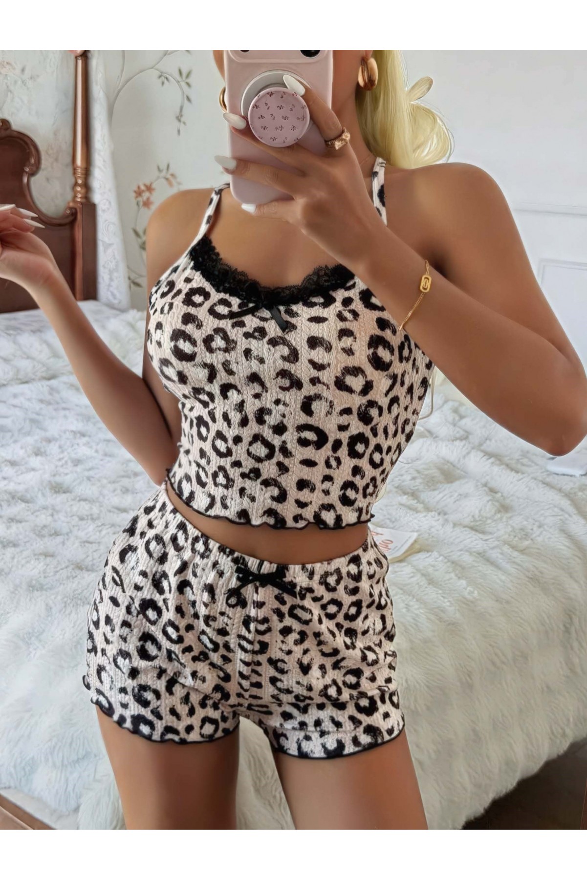 Kadın Leopar Detaylı  Şortlu Pijama Takım 5187 S/M