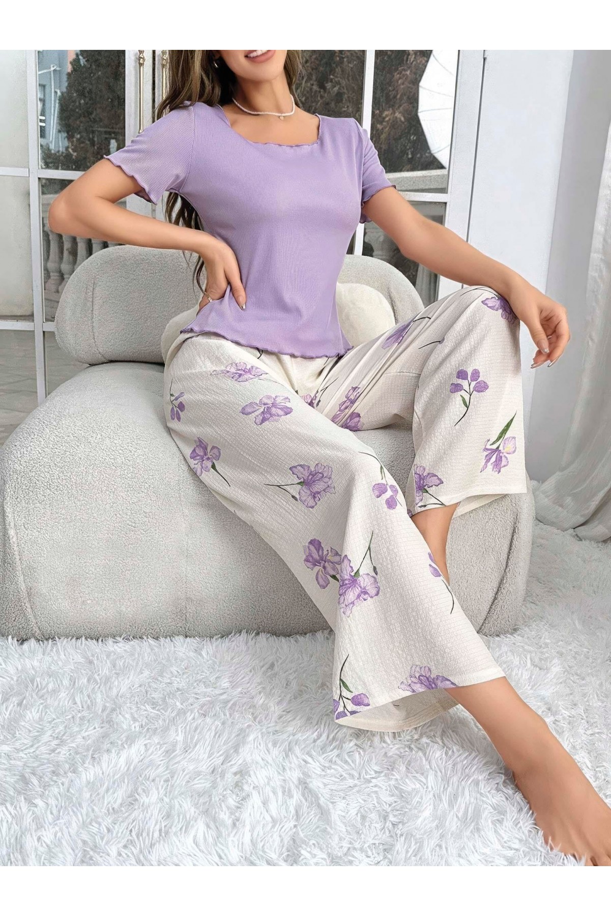 Kadın Mor Çiçek Desenli Yumuşak Pamuklu Uzun Pijama Takımı 5133 Mor